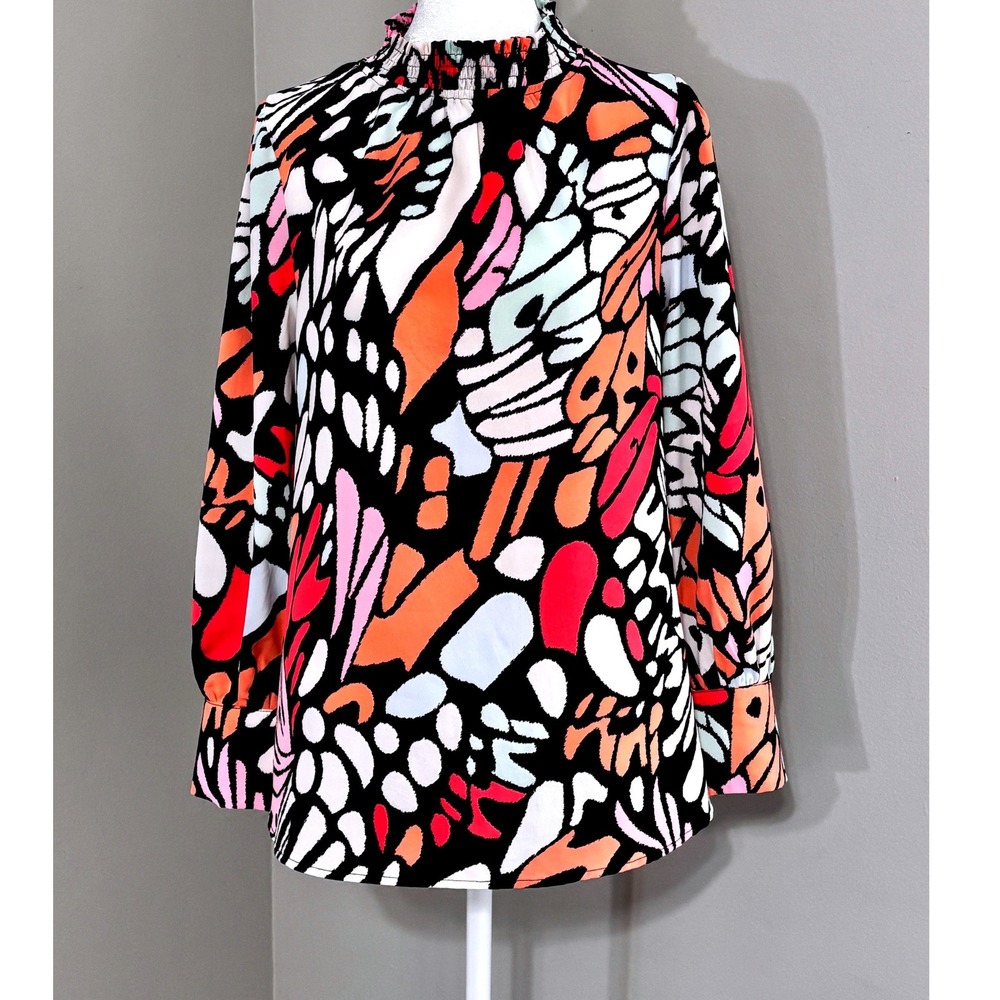 JODI FL Blouse Smocked Mock Neck Abstract Butterfly Print Multi Women Small